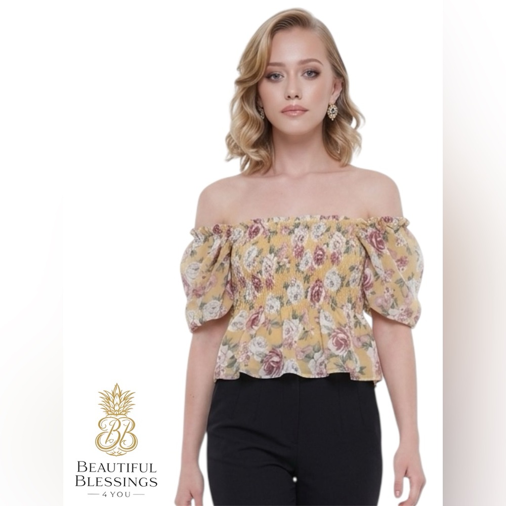 Altar’d State Y2K Lightweight Yellow Floral Smocked Peplum Junior’s Top XS
